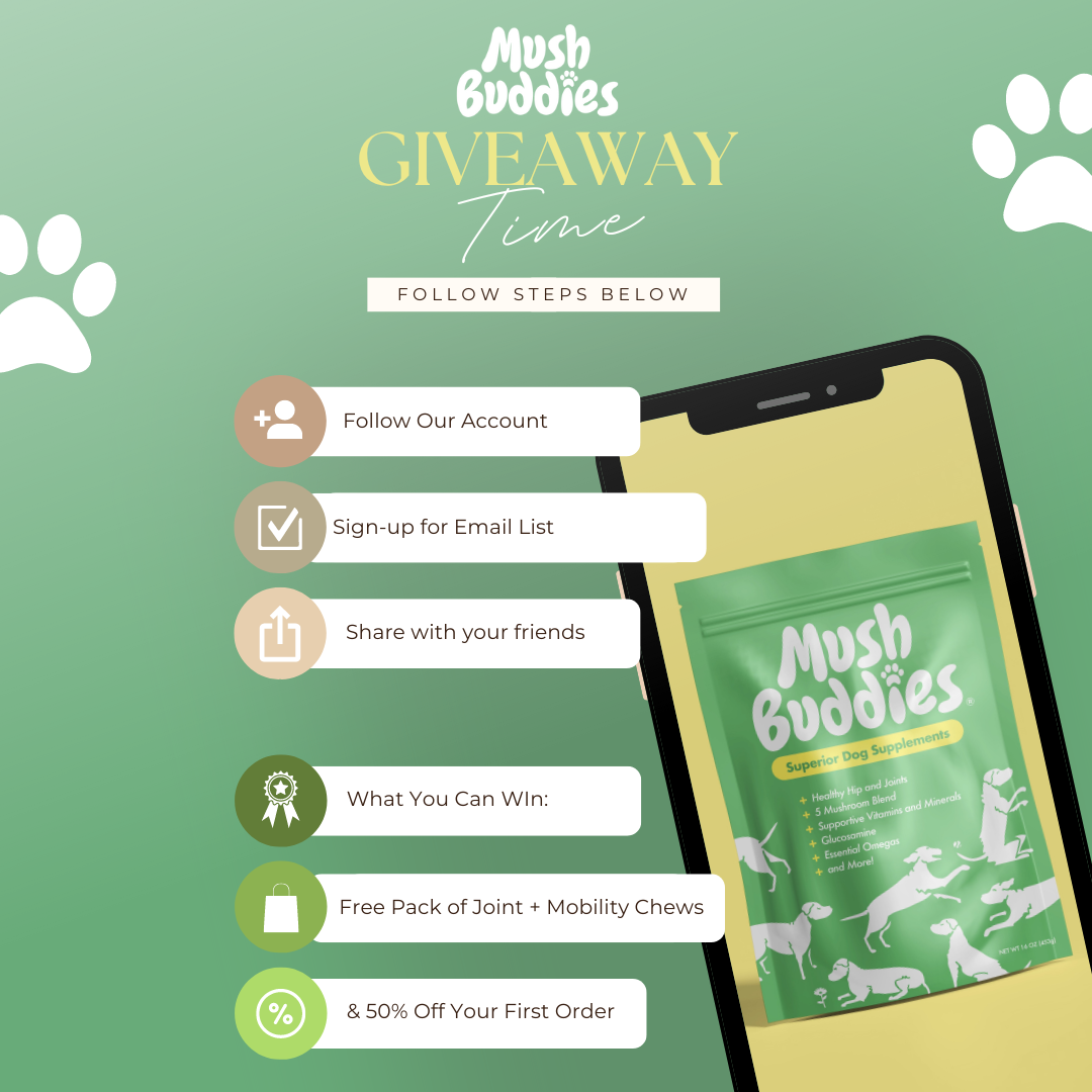 Enter for a chance to win free dog joint supplements! Joint and mobility support, medicinal mushrooms for dogs, mush buddies brand, world's best dog supplements.