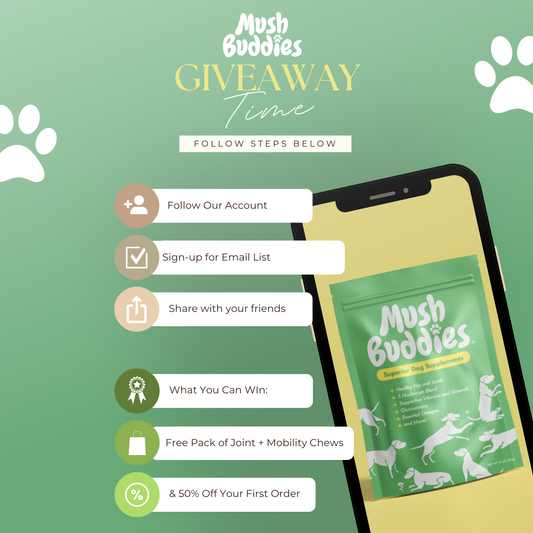 Enter for a chance to win free dog joint supplements! Joint and mobility support, medicinal mushrooms for dogs, mush buddies brand, world's best dog supplements.